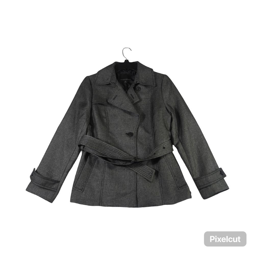 Banana Republic Blazer Jacket Women 6 Gray Lined Houndstooth Belted Button Front